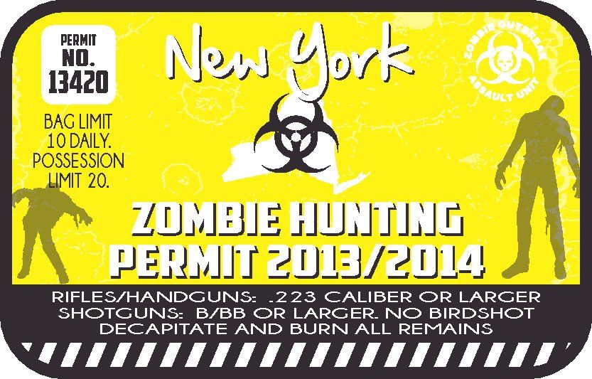 Zombie hunting permit sticker with yellow background, biohazard symbol, and 2013/2014 text