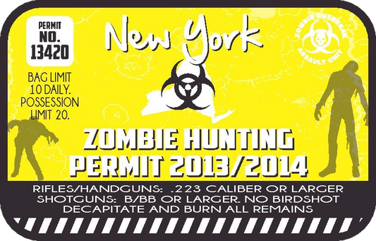 Zombie hunting permit sticker with yellow background, biohazard symbol, and 2013/2014 text