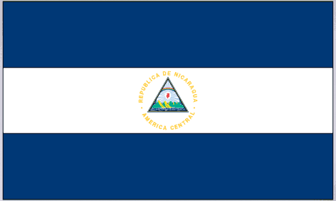 Nicaragua flag sticker, rectangular with blue-white-blue stripes and central circular emblem