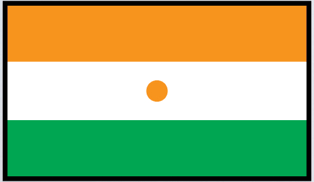 Rectangular Niger flag sticker with orange top, white center and green bottom, orange dot in middle