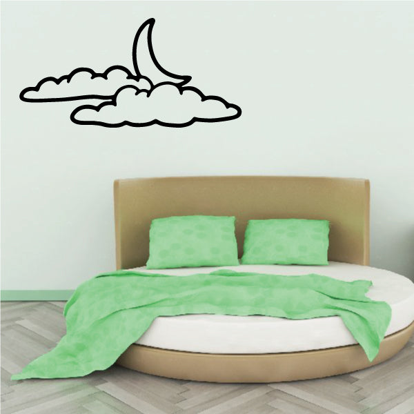 Black line-art crescent moon and cloud bank wall decal