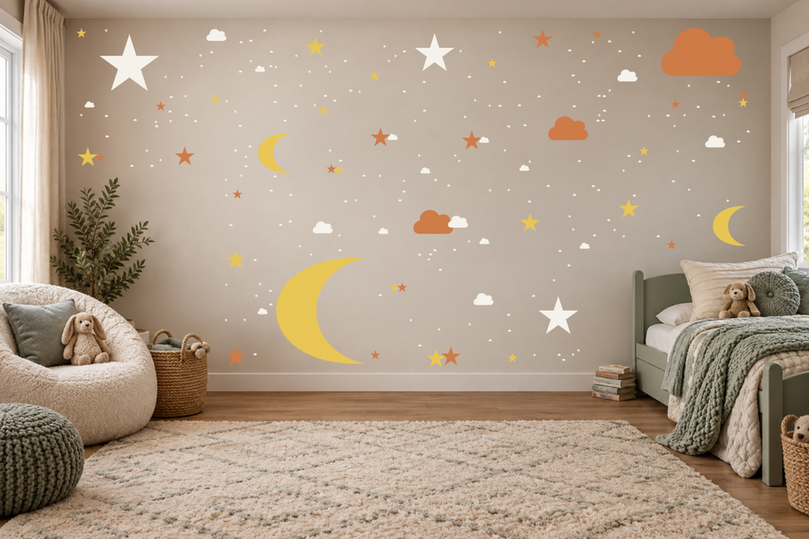 Night sky wall decal with large crescent moon, white stars, and orange clouds