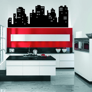 Black nighttime city skyline wall decal with tall skyscraper silhouettes