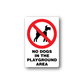 No dogs sign vinyl sticker with red circle slash, dog silhouette, and bold black text