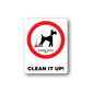 NO Dogs sign wall decal sticker: black dog in red circle, text “CLEAN IT UP!”