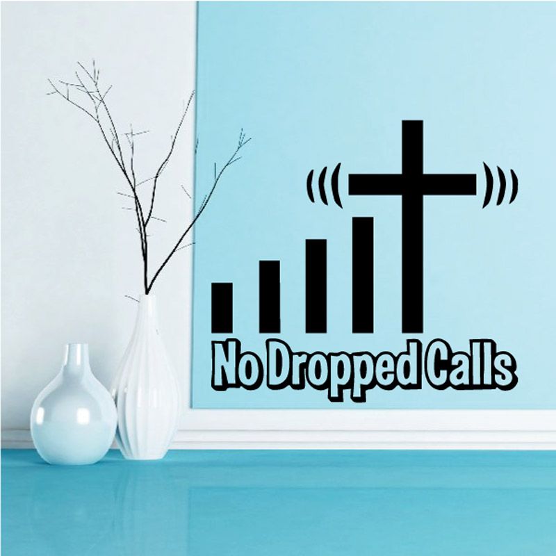 Wall decal with black cross and sound waves, text “No Dropped Calls”