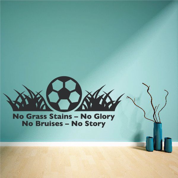 Soccer wall decal with black ball, grass blades, and motivational text in white
