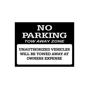 No parking tow away zone decal sticker with bold white text on black background
