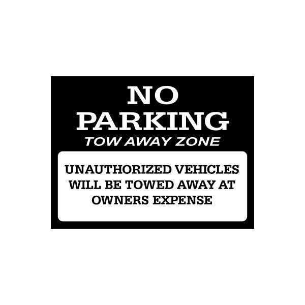No parking tow away zone decal sticker with bold white text on black background