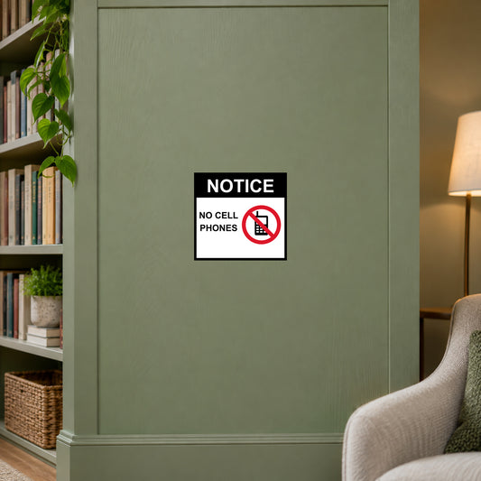 No cell phones notice sticker with “NOTICE” and red no-phone symbol