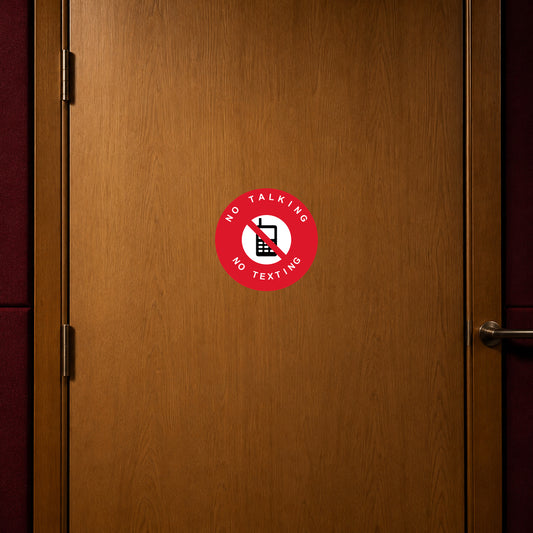 No talking, no texting sticker with red circle, white phone icon, and text