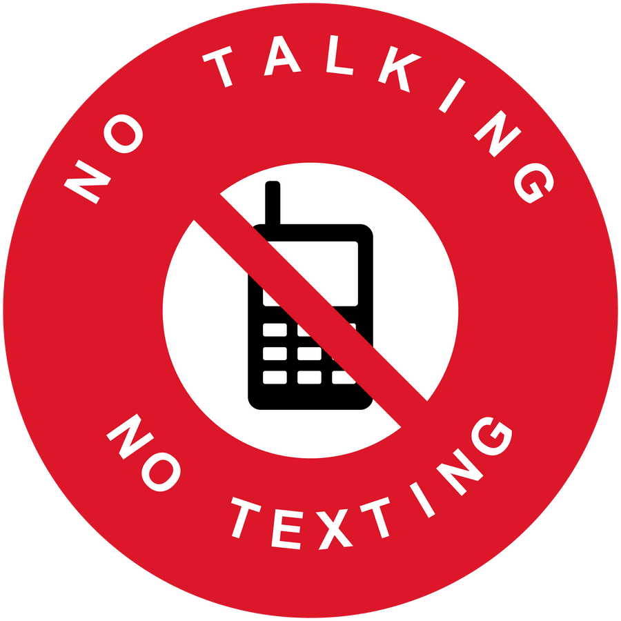 Red no phone sticker with barred mobile icon and “No Talking No Texting” text