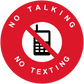 Red no phone sticker with barred mobile icon and “No Talking No Texting” text
