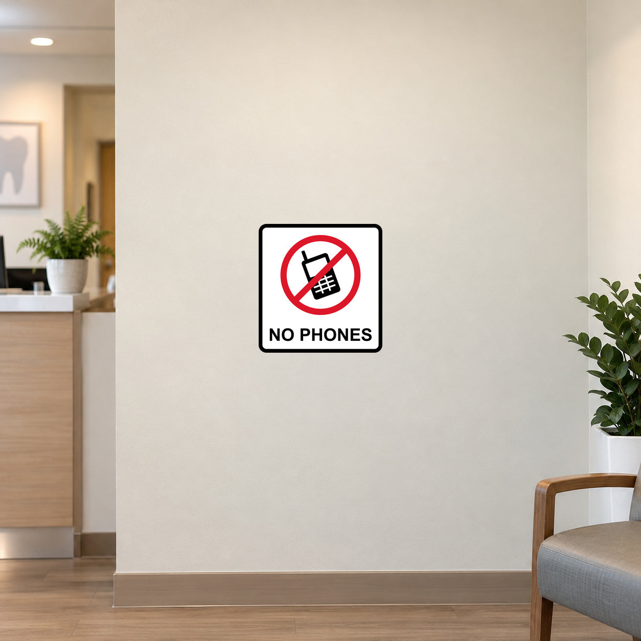 No phones text sticker with crossed-out phone symbol and "NO PHONES" text