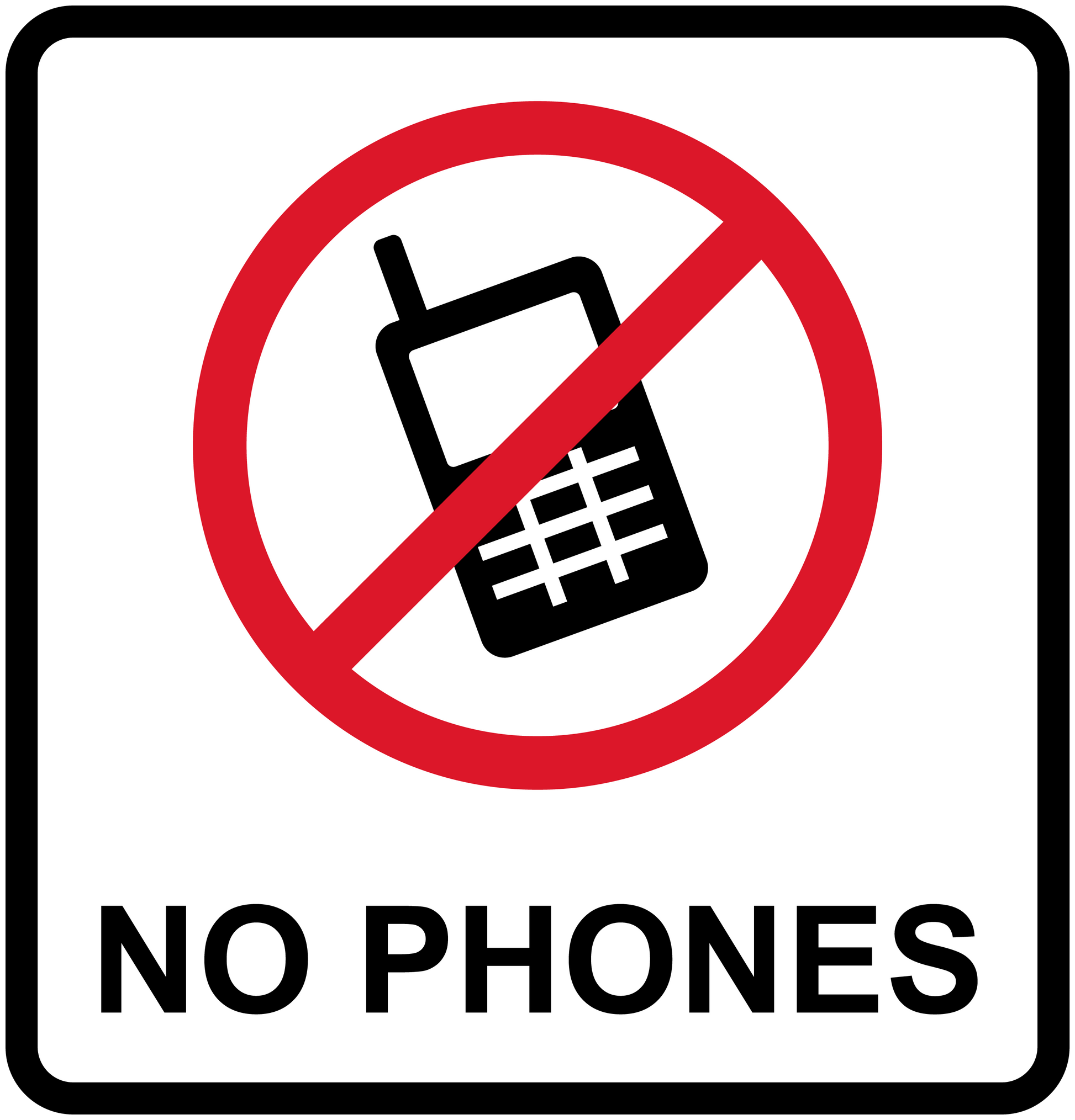 White square no cell phones sticker with red slash phone icon and "NO PHONES" text