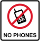 White square no cell phones sticker with red slash phone icon and "NO PHONES" text