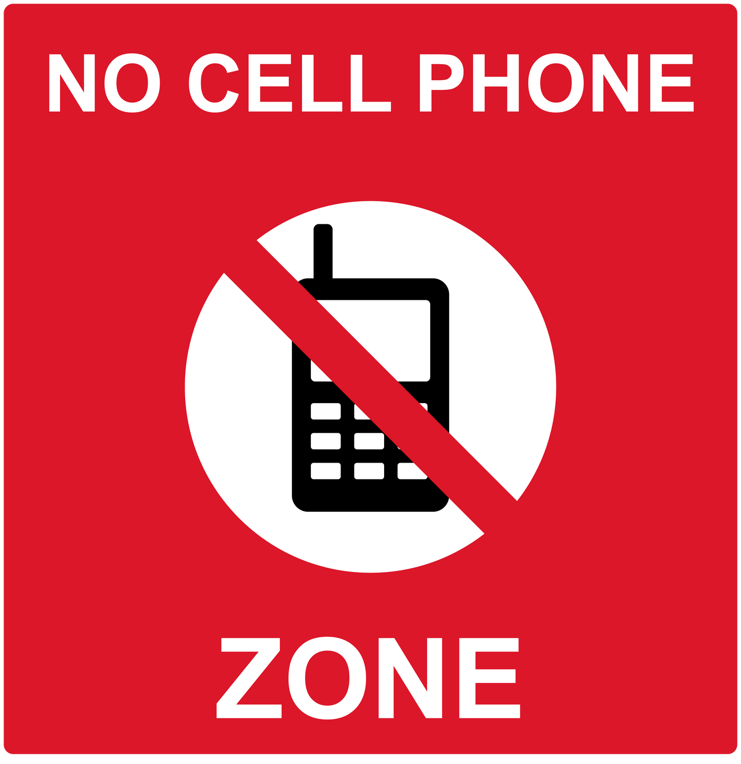 No cell phone zone sticker with crossed-out phone and text 'NO CELL PHONE ZONE'
