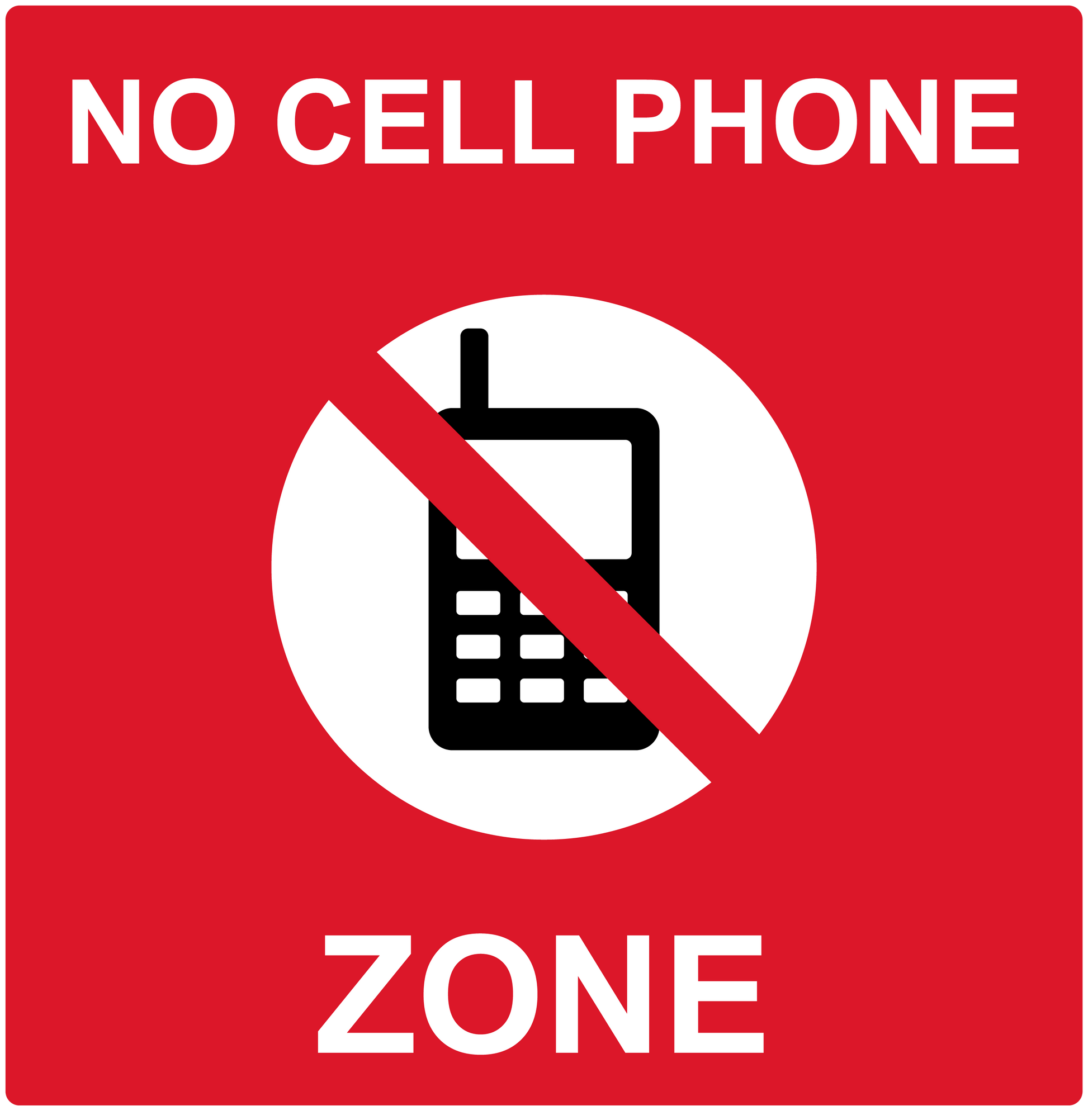 No cell phone zone sticker with crossed-out phone and text 'NO CELL PHONE ZONE'