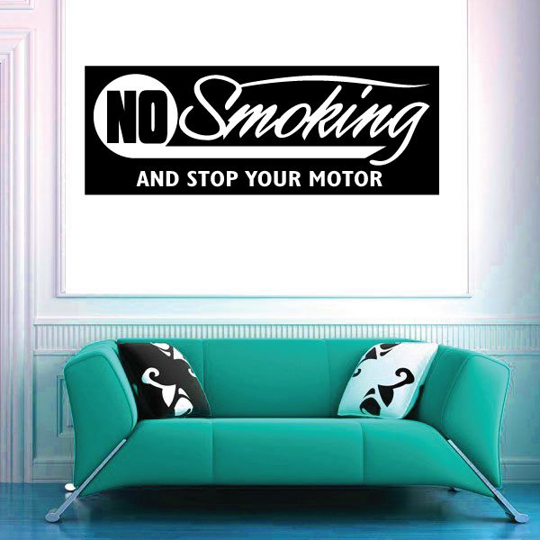 No Smoking and Stop Your Motor vinyl wall decal with bold white text on black