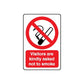 No smoking sign decal: red slash over cigarette icon; 'Visitors are kindly asked not to smoke'