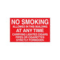 Red no smoking sign vinyl decal with white text: NO SMOKING, forbidden in building