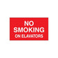 Red no smoking sign decal with white text: NO SMOKING ON ELAVATORS