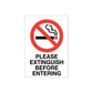 No smoking sign decal with red slashed cigarette icon and “PLEASE EXTINGUISH BEFORE ENTERING”