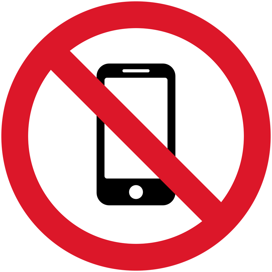 No smartphone prohibition sticker with red circle, diagonal slash, and phone icon