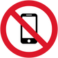 No smartphone prohibition sticker with red circle, diagonal slash, and phone icon