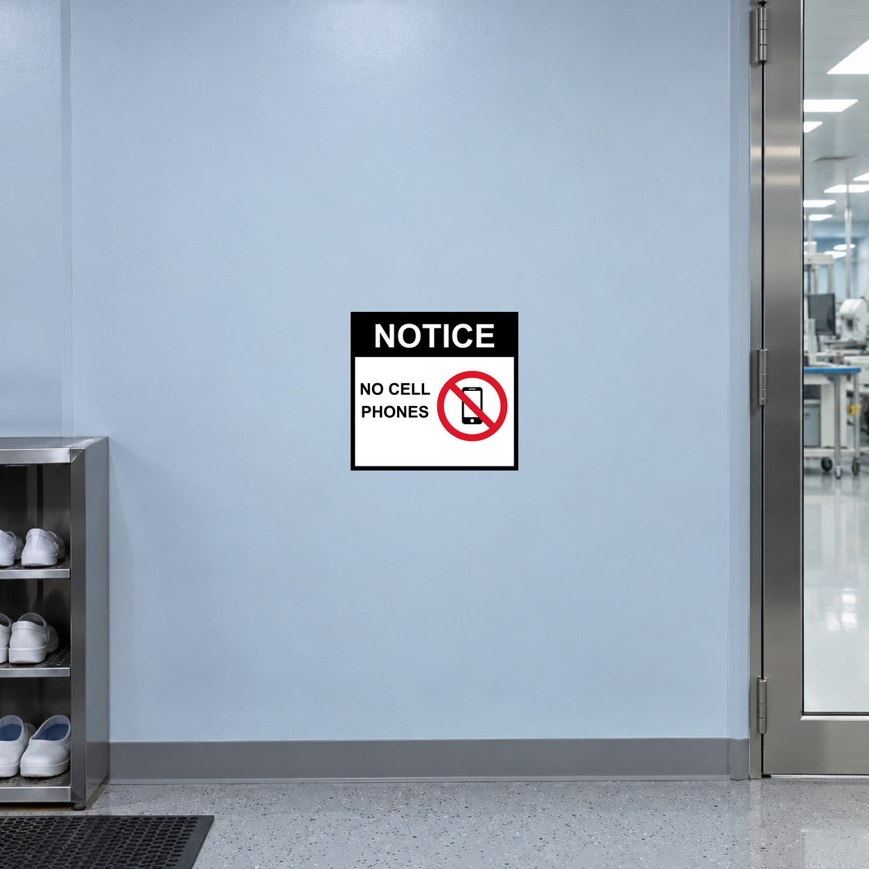 No Smart Phone Notice Sticker applied in a pale blue flat wall beside a precision electronics laboratory entrance, cleanroom shoe station visible at bottom left edge, central broad smooth surface