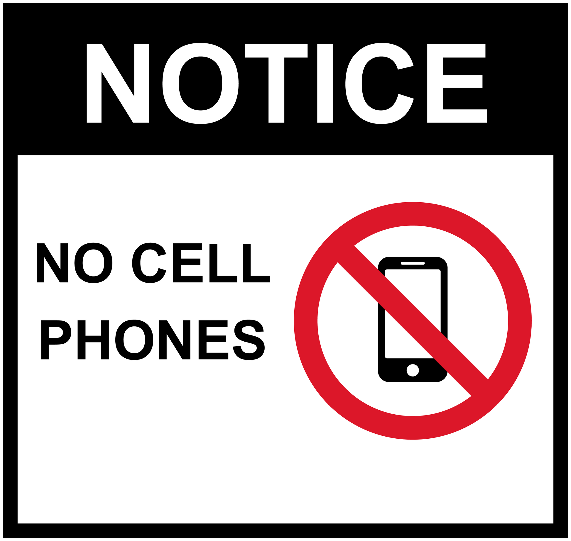 No cell phones notice sticker with phone icon and red prohibition symbol