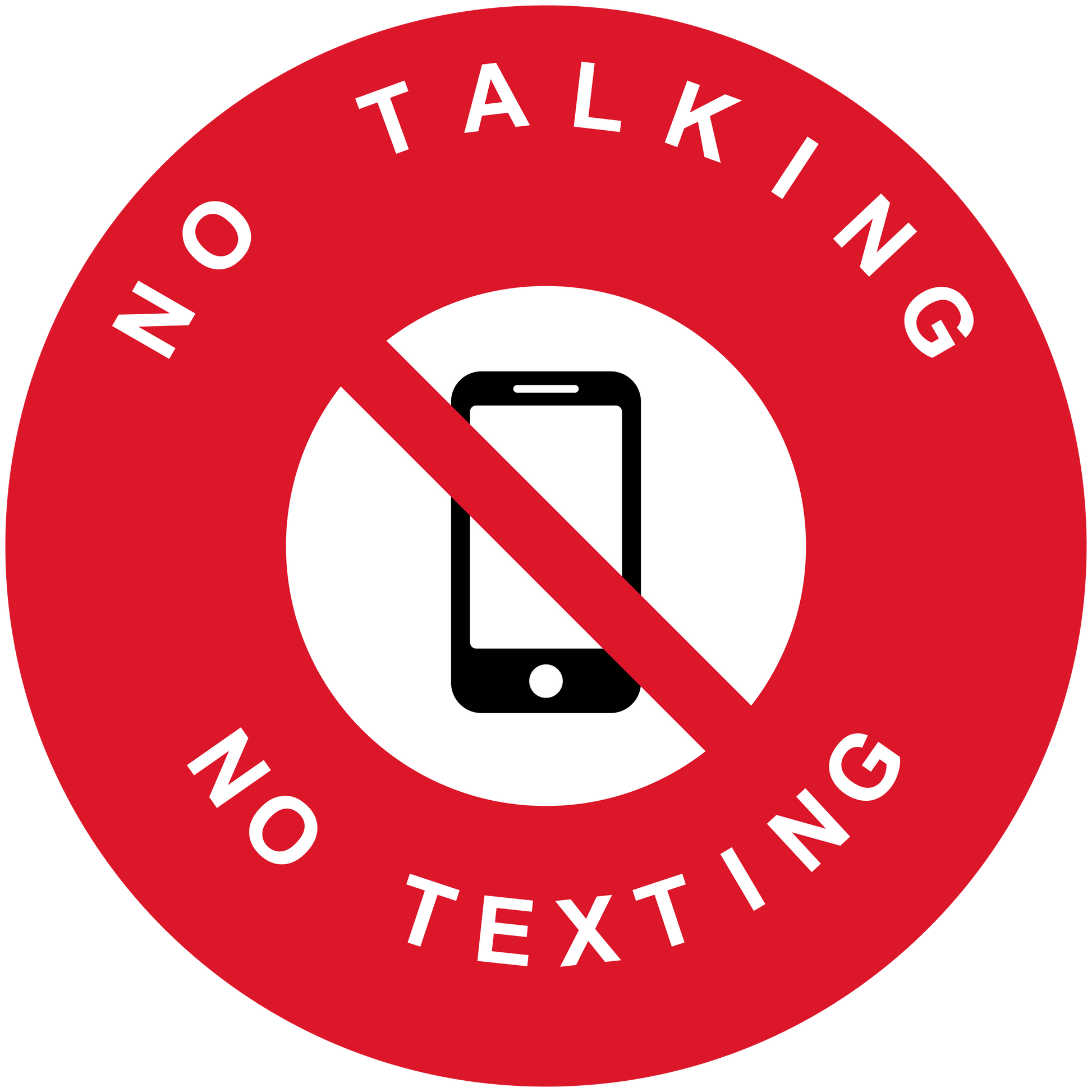 Red circular no smartphone sticker with phone icon and slash, text "NO TALKING" and "NO TEXTING"