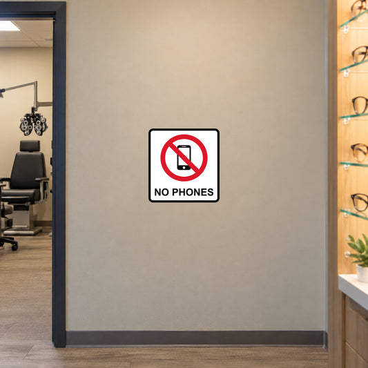 No phones sign sticker with red prohibition symbol and phone icon, text “NO PHONES”