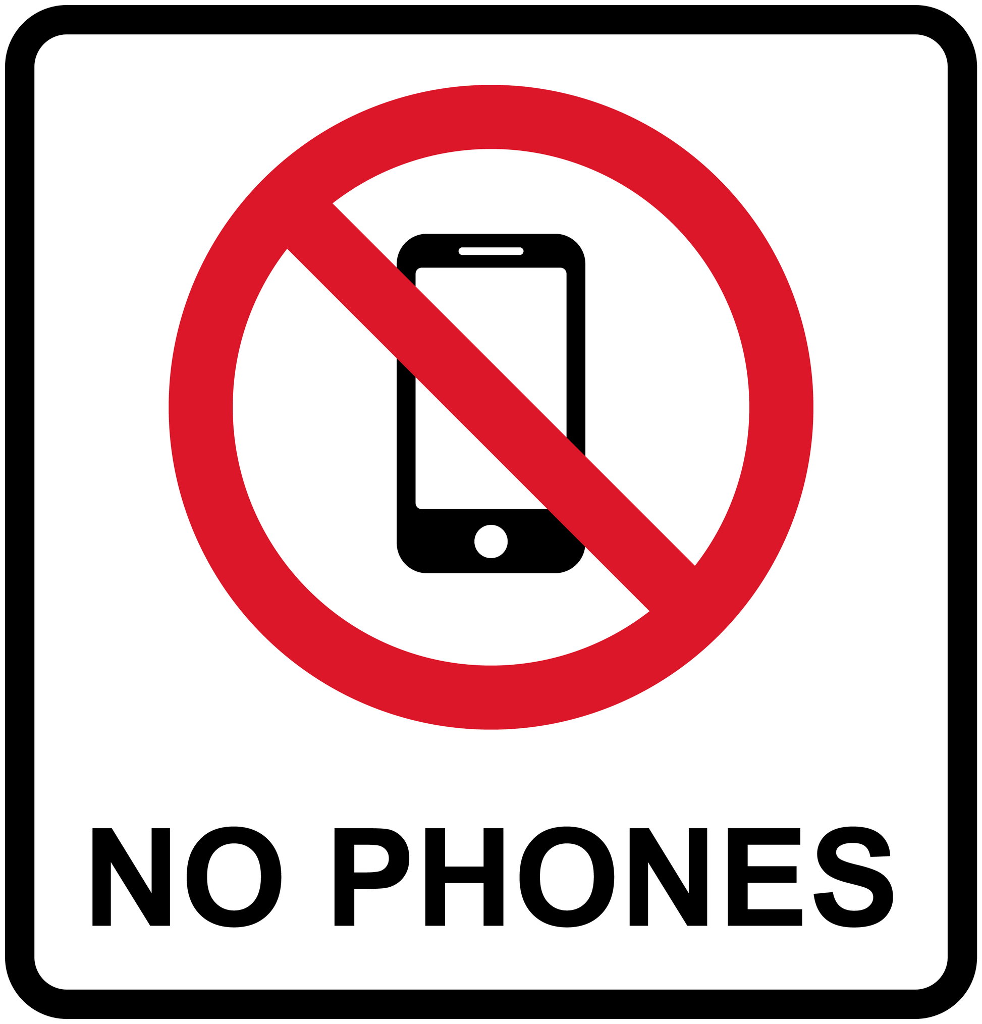 White square no-phones sticker with red crossed phone icon and black “NO PHONES” text