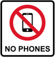 White square no-phones sticker with red crossed phone icon and black “NO PHONES” text