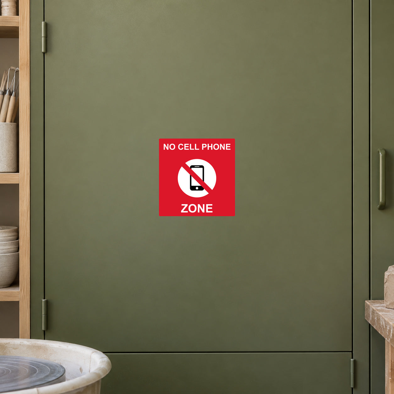 No cellphone zone sticker with red frame, phone icon, and white text