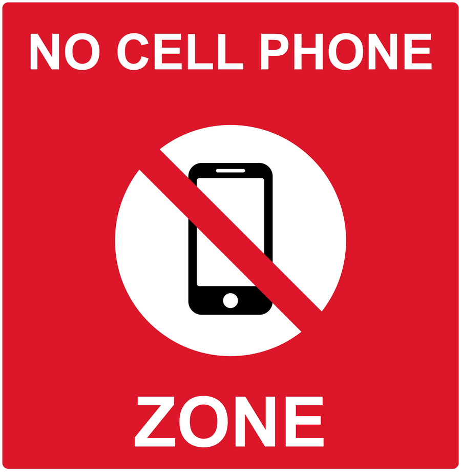 No cell phone zone sticker with crossed-out phone icon and red 'NO CELL PHONE ZONE' text