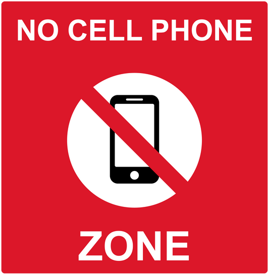 No cell phone zone sticker with crossed-out phone icon and red 'NO CELL PHONE ZONE' text
