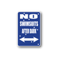 Blue vinyl sticker reading 'No Swimsuits After Dark' with stars and arrow