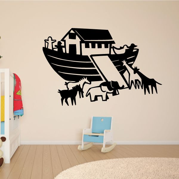 Noah's Ark wall decal, black vinyl silhouette with animals on the boat