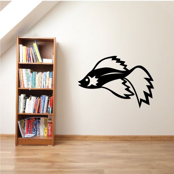 Noble Siamese beta fish wall decal, black outline with white star