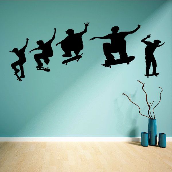 Skateboarding flip decal set with black silhouettes of skateboarders in action poses