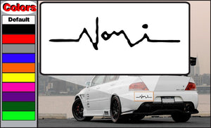 Nomi decal with black stylized logo on white background