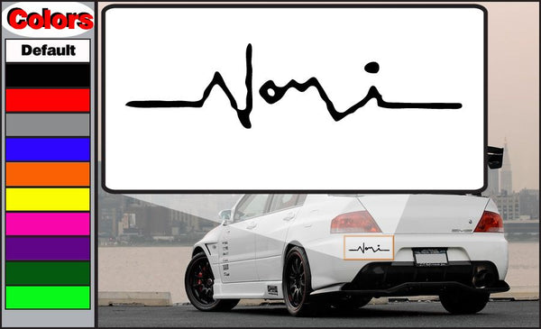 Nomi decal with black stylized logo on white background