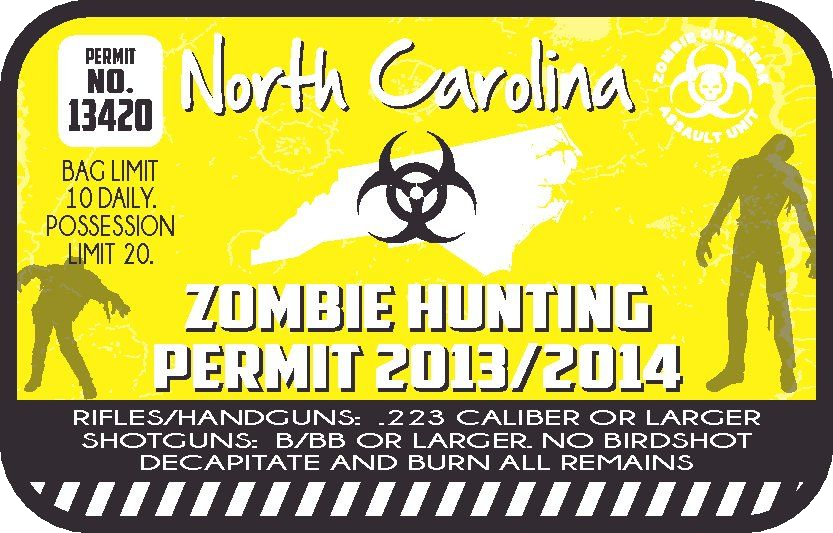 Yellow zombie hunting permit sticker with North Carolina text, biohazard icon, permit 2013/2014