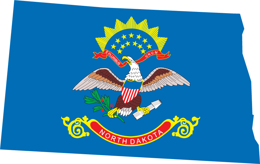 North Dakota state flag sticker, rectangular blue with eagle and North Dakota text