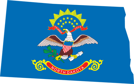 North Dakota state flag sticker, rectangular blue with eagle and North Dakota text