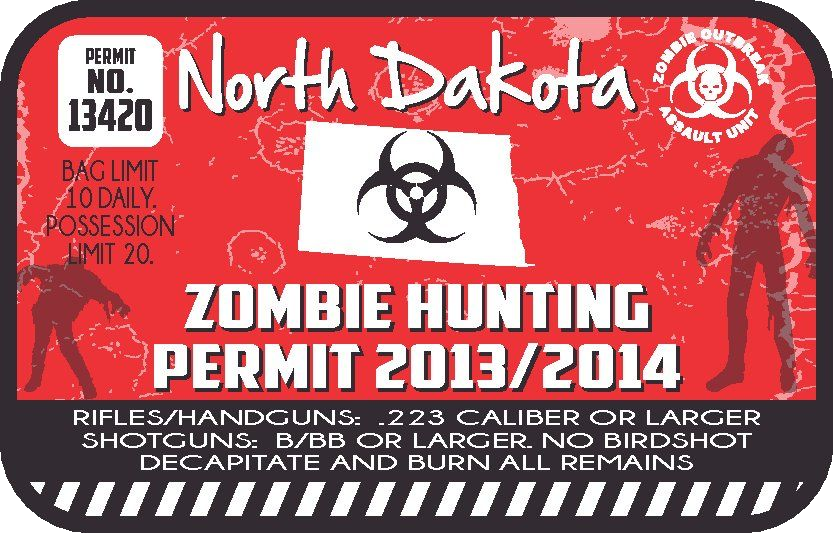 North Dakota zombie hunting permit sticker, red with biohazard symbol and permit text