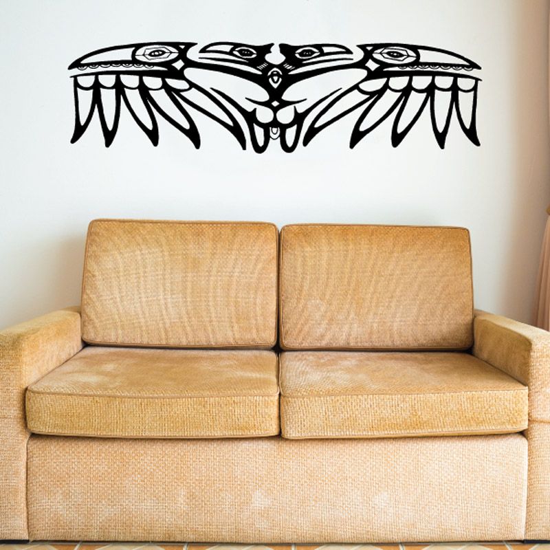 Black tribal bird wall decal with symmetrical feathered wings design