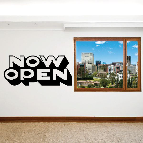 Black and white 'Now Open' wall decal with bold stylized lettering